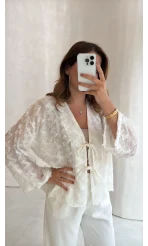 Maria Püskül Şeritli Kimono - Ekru - Kod: 7049