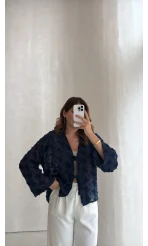 Maria Püskül Şeritli Kimono - Lacivert - Kod: 7049