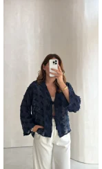 Maria Püskül Şeritli Kimono - Lacivert - Kod: 7049
