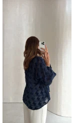 Maria Püskül Şeritli Kimono - Lacivert - Kod: 7049
