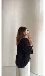 Maria Püskül Şeritli Kimono - Siyah - Kod: 7049