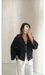 Maria Püskül Şeritli Kimono - Siyah - Kod: 7049