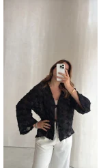 Maria Püskül Şeritli Kimono - Siyah - Kod: 7049