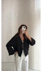 Maria Püskül Şeritli Kimono - Siyah - Kod: 7049