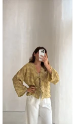 Maria Püskül Şeritli Kimono - Yağ Yeşili - Kod: 7049