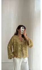 Maria Püskül Şeritli Kimono - Yağ Yeşili - Kod: 7049