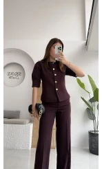 Maribel Düğme Detaylı Yelek Takım - Bordo - Kod: 8809