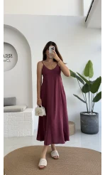 Marien Askılı Modal Elbise - Bordo - Kod: 6020