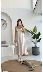 Marien Askılı Modal Elbise - Krem - Kod: 6020