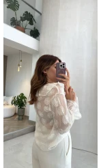 Mariposa Desenli Fırfırlı Gömlek - Ekru - Kod: 2304