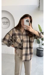 Marley Taşlı Ekose Gömlek - Bej - Kod: 2166