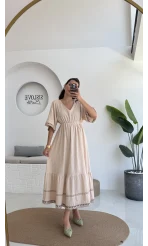Mars Krem Nakışlı Elbise - 3065