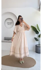 Mars Krem Nakışlı Elbise - 3065
