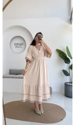 Mars Krem Nakışlı Elbise - 3065