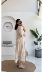Mars Krem Nakışlı Elbise - 3065