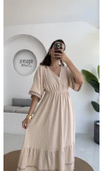 Mars Krem Nakışlı Elbise - 3065