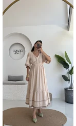 Mars Krem Nakışlı Elbise - 3065