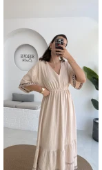 Mars Krem Nakışlı Elbise - 3065