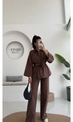 Masha Beli Bağlamalı Gömlek Pantolon Takım - Kahve - 7206
