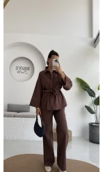 Masha Beli Bağlamalı Gömlek Pantolon Takım - Kahve - 7206