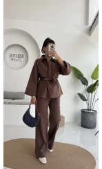 Masha Beli Bağlamalı Gömlek Pantolon Takım - Kahve - 7206