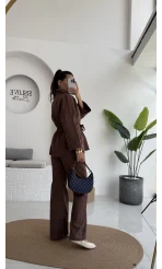 Masha Beli Bağlamalı Gömlek Pantolon Takım - Kahve - 7206