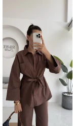 Masha Beli Bağlamalı Gömlek Pantolon Takım - Kahve - 7206