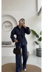 Masha Beli Bağlamalı Gömlek Pantolon Takım - Lacivert - 7206