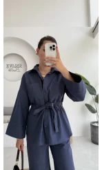 Masha Beli Bağlamalı Gömlek Pantolon Takım - Lacivert - 7206