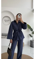 Masha Beli Bağlamalı Gömlek Pantolon Takım - Lacivert - 7206