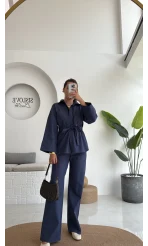 Masha Beli Bağlamalı Gömlek Pantolon Takım - Lacivert - 7206