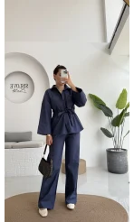 Masha Beli Bağlamalı Gömlek Pantolon Takım - Lacivert - 7206
