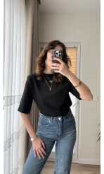 Massi Etiketli Premium Vatkalı T-Shirt Siyah