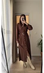 Matilda Kahverengi Kuşaklı Taşlı Elbise
