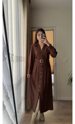Matilda Kahverengi Kuşaklı Taşlı Elbise