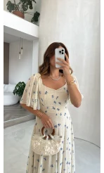 Mavelle Kare Yaka Volan Kol Çiçekli Elbise - Mavi - Kod: 4142