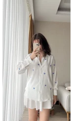 Mavi Kalpli Keten Gömlek