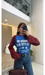 Mavi Bordo Renk Geçişli Baskılı Sweatshirt