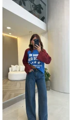 Mavi Bordo Renk Geçişli Baskılı Sweatshirt
