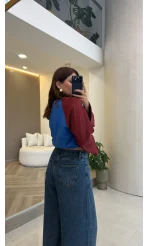 Mavi Bordo Renk Geçişli Baskılı Sweatshirt