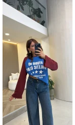 Mavi Bordo Renk Geçişli Baskılı Sweatshirt