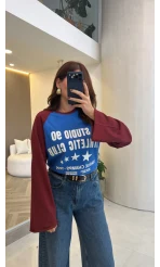 Mavi Bordo Renk Geçişli Baskılı Sweatshirt
