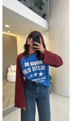 Mavi Bordo Renk Geçişli Baskılı Sweatshirt