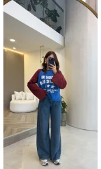 Mavi Bordo Renk Geçişli Baskılı Sweatshirt