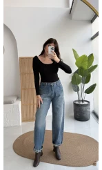 Mavi Yüksek Bel Baggy Jean Pantolon - Kod: 1055