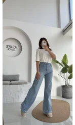 Mavi Yüksel Bel Bol Paça Denim Jean Pantolon - Kod: 864