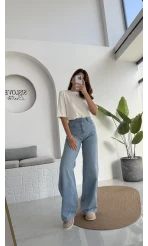 Mavi Yüksel Bel Bol Paça Denim Jean Pantolon - Kod: 864