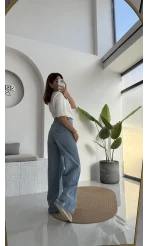 Mavi Yüksel Bel Bol Paça Denim Jean Pantolon - Kod: 864