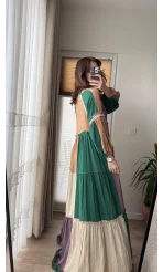 Maxi Boy Parçalı Garnili Gofre Elbise