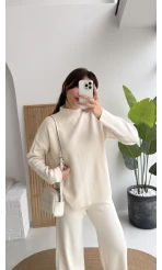 Maysa Dik Yaka Triko Takım - Ekru - Kod: 3804